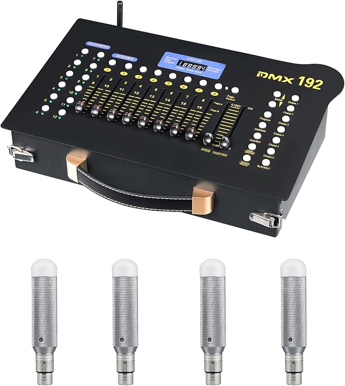 CaalLogt DMX512 Controller Stage DJ Light Console Lighting Mixer Board Console Wireless DMX Transmitter Receivers Set 192 Channels for Party DJ Disco Lights Show Night DJs KTV Bars Moving Heads