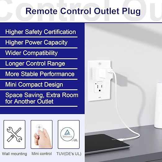 Greencycle Remote Control Outlet,Wireless Light Switch and Outlet Plug,Remote Outlets Switch,No Wiring Needed,500ft Range Coverage,15A/1500W for Lamps,Fans,TV,FCC Certified, White
