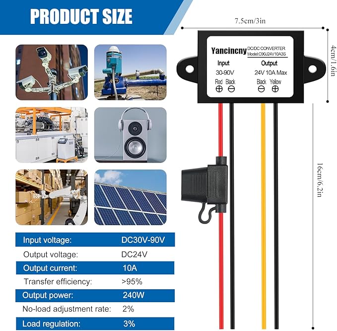 Yancincny 24V 10A 240W DC-DC Buck Converter 30V-90V to 24 Volt 10A Transformer - 36V 48V Step Down to 24V Waterproof Power Supply for Truck/RV/Marine/Solar - Overload and Short Circuit Protection