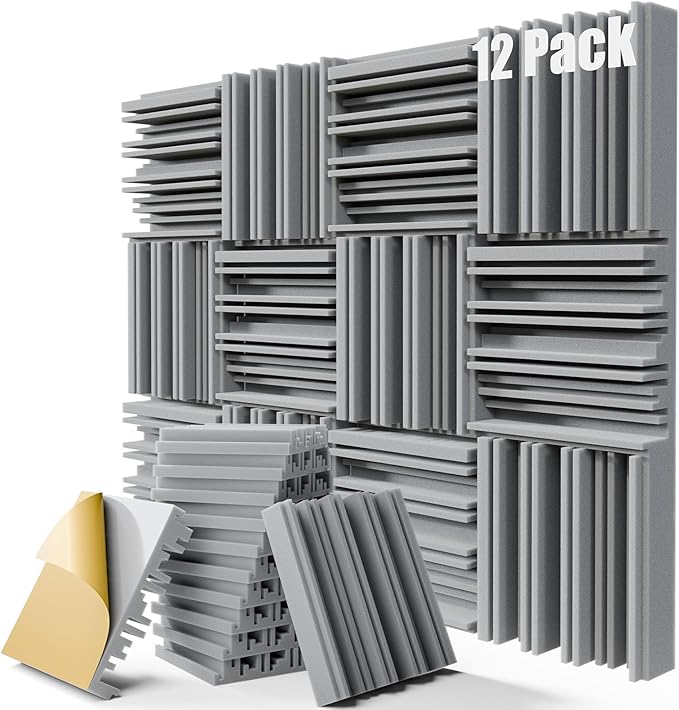 ZELMINE Upgrade 12 pack Self-adhesive Sound Proof Foam Panels,12" X 12" X 2" Acoustic Panels with High Density,Decorative Soundproof Wall Panels Studio Sound Absorbing Foam for Wall and Ceiling(Gray)