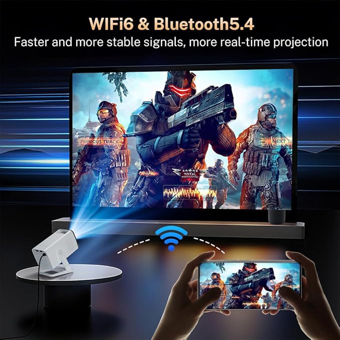 Mini Projector with WiFi 6 and Bluetooth 5.4 Built-in Apps Portable Projector Android 11 Auto Keystone 1080P 4K Support for Bedroom Outdoor Compatible with iOS/HDMI/TV Stick VisualCube 300