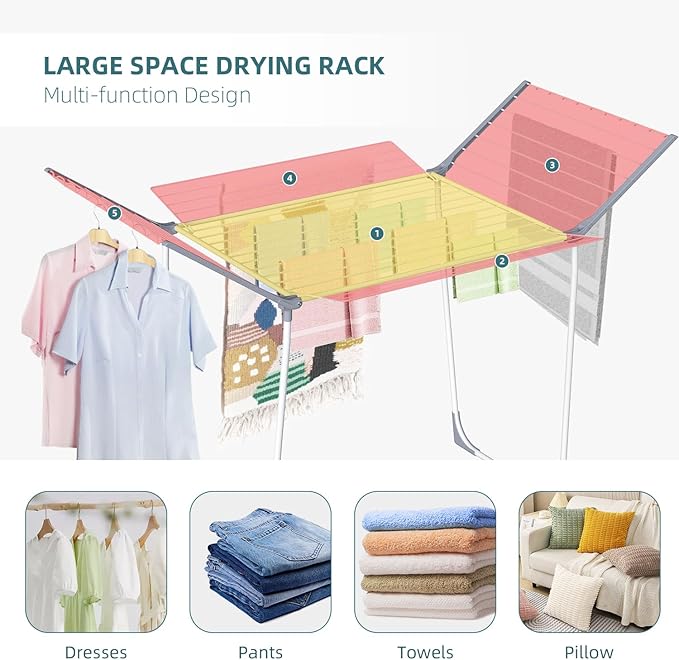 Unkqan Clothes Drying Rack, Foldable Laundry Rack for Indoor Outdoor, 10pcs Sock Clips, Collapsible Space-Saving Drying Rack for Clothes Towels Dolls, White