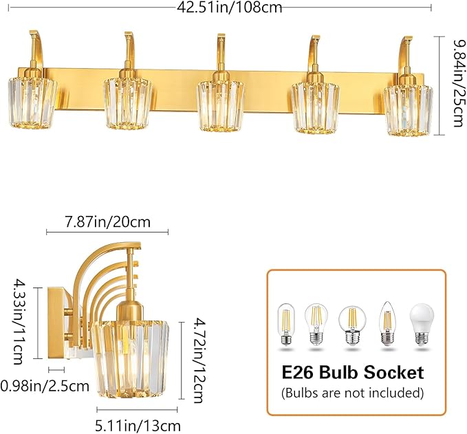 FDPBY Modern Bathroom Vanity Light, 5-Light Gold Wall Sconce with Crystal Accents, Over Mirror Bathroom Lighting Fixture, 42.52" Long Dimmable Vanity Lamp for Makeup, Easy Installation