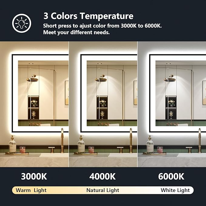 YEELAIT 28x32 Inch LED Bathroom Mirror with Lights (Front Lit and Backlit) Black Framed Lighted Vanity Mirror for Bathroom Wall Dimmable Anti-Fog Memory Tempered Glass Horizontal/Vertical