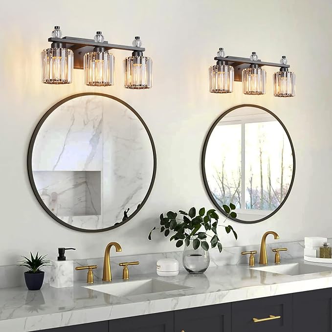 FDPBY Bathroom Vanity Lights 3-Light Sand Black Modern Crystal Vanity Light Fixtures Over Mirror Crystal Bathroom Vanity Lighting Fixtures