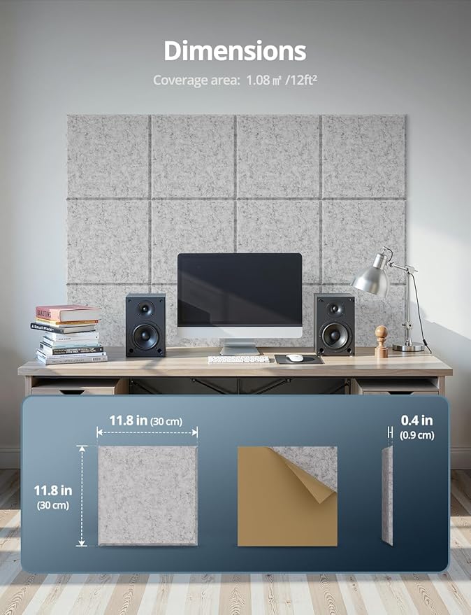 Square Acoustic Wall Panels, Sound Absorbing Panels for Walls, Ceiling, Doors, 12 Pack 12"x12"x0.5" Self Adhesive Decorative Grey Acoustic Tiles for Recording Studio, Office, Room, Home
