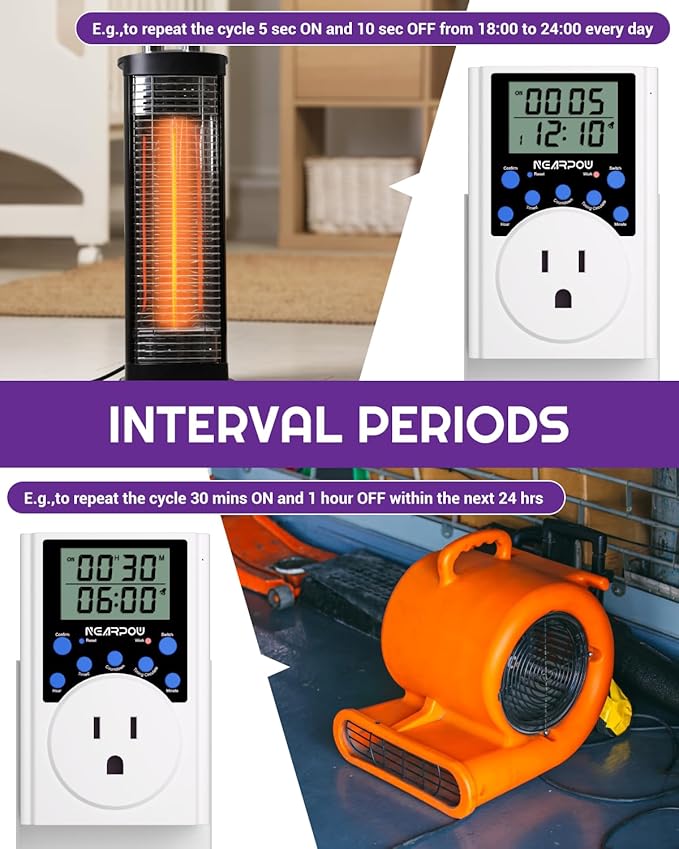 [2 Pack] Timer Outlet, Nearpow Multifunctional Infinite Cycle Programmable Plug-in Digital Timer Switch with 3-Prong Outlet for Appliances, Energy-Saving Timer, 15A/1800W