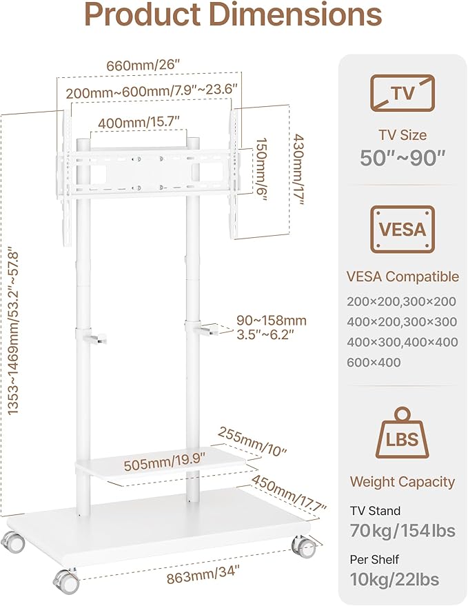 ECOTINY Steel Base Rolling TV Stand with Soundbar Mount for 50-90 inch TVs up to 154lbs, Swivel&Tilt Mobile TV Stand with Large Storage, Height Adjustable Heavy-Duty TV Cart, Max VESA 600x400mm, White
