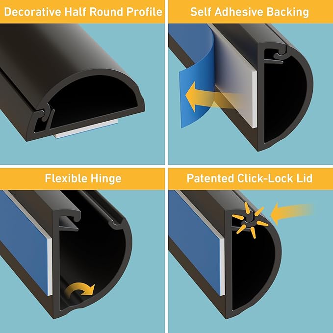 D-Line 31.4in TV Cord Hider, Patented Half Round Cable Cover, Hide Wall Mount TV Wires, Hinged One-Piece Cable Concealer, Adhesive, Decorative Raceway - 2X 0.78in W x 0.39in H x 15.7in L - Black