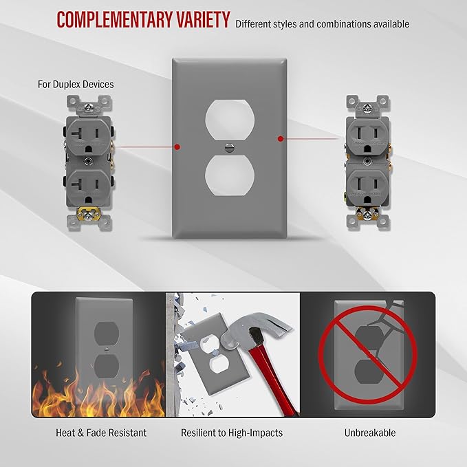 ENERLITES Duplex Receptacle Wall Plate, Electrical Outlet Covers, Gloss Finish, Mid-Size 1-Gang 4.88" x 3.11", Polycarbonate Thermoplastic, UL Listed, 8821M-GY-10PCS, Gray, 10 Pack, 10 Count
