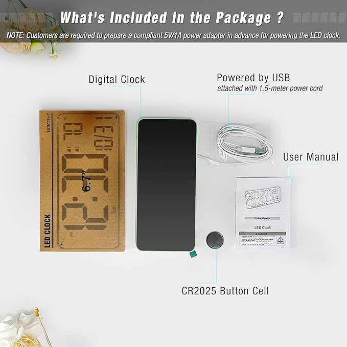 KOSUMOSU Digital Clock for Bedroom, 6.7in Desk Clock, Auto Dimming, Room Temperature, Day of The Week, Date, Seconds, Clocks for Living Room, Alarm Clocks for Bedrooms