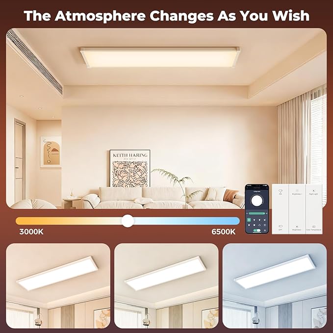 AIKVSXER 4 Pack 1x4 FT LED Flat Panel Light Surface Mount, with Wireless Switch & App Control, Night Mode, 50W 5500LM, 3000K/4000K/6500K, Ultra-Thin LED Light for Office Home,120-277V - White