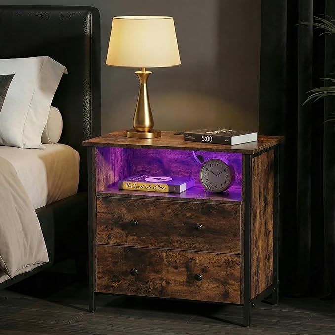 Tykacna 27 Inch Wide Night Stand, Large Wood Night Stand Set 2 with 2 Drawers, LED Nightstand with Charging Station and Adjustable Drawer, Bedside Table for Living Room/Bedroom/Study/Office, Retro.