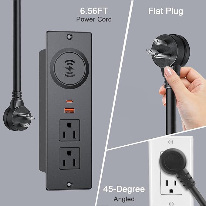 Recessed Power Strip with 15W Wireless Charger, Haiaoyyds Flush Mount Power Strip with 2 Outlets, 2 USB, and 6.56FT Flat Plug Cable, Furniture Recessed Outlet for Drawer, End Table, Sofa, Cabinet