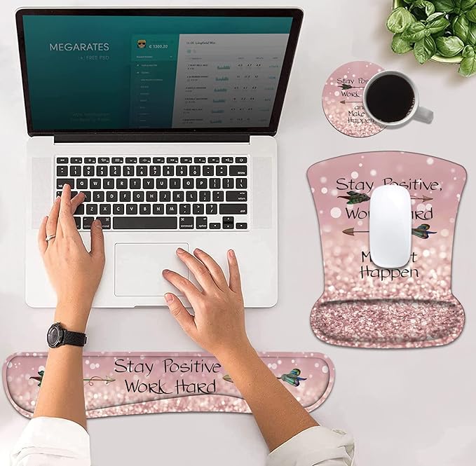 Mouse Pad Wrist Support and Keyboard Wrist Rest Set with Coasters, Inspirational Quote Stay Positive Work Hard and Make It Happen Wrist Mouse Pad with Non-Slip PU Base for Home Office Working Studying