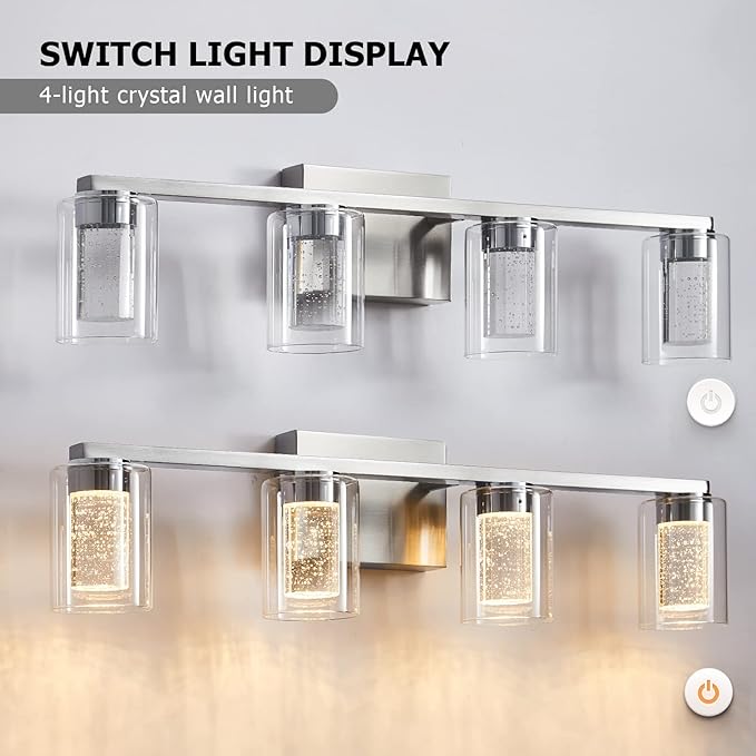 SADENICEL 4-Light Bathroom Light Fixtures, Brushed Nickel, Dimmable LED White/Neutral/Warm Crystal Bathroom Vanity Lights Over Mirror, for Bedroom,Living Room