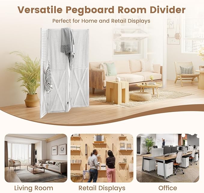 ALeesing 4 Panel Pegboard Wood Room Divider, 5.6Ft Pegboard Display Folding Privacy Screens, Peg Board Display Freestanding for Trade Show Craft Show Home Wall Organizer, Retro White