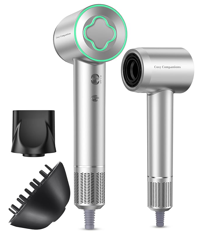 Cosy Companions High-Speed Ionic Hair Dryer, 150000 RPM Brushless Motor for 2-5Min Fast Drying, Low Noise Blow Dryer Reduces Frizz & Heat Damage, Lightweight Hair Dryer with Diffuser & Nozzle, Silvery