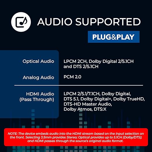 OREI 4K HDMI Audio Embedder, Audio Embedder Inserter Digital Analog Audi + DVI to HDMI Support TOSLINK Optical 3.5mm Jack AUX Sound Input 4K60Hz 18Gbps HDR HDCP2.2