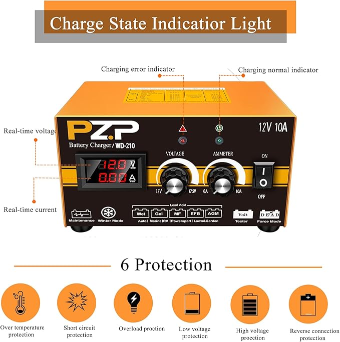 PZP 12V Manual Battery Charger Maintainer, 0 to 10A Arbitrarily Adjustable Car Battery Trickle Charger, Battery Desulfator with Repair, Winter Mode, Suitable for Lawn Mower, AGM, Deep Cycle Batteries