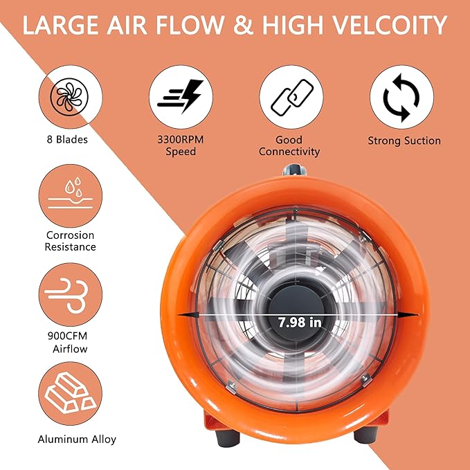 FICBXRA Utility Blower Fan 8 Inch Portable Axial Exhaust Fan 230W/2A 900CFM High Velocity Ventilator with 32FT Duct Hose for Exhausting & Ventilating at Home and Job Site