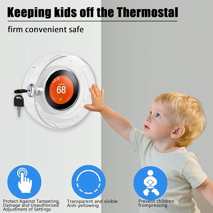 2 PC Round Baby Safety Thermostat Lock Case with Key,Thermostat Cover Universal Lock Case Clear Wall Guard Fits Round Nest Thermostat(3.5x3.5x1.9 in) or Smaller