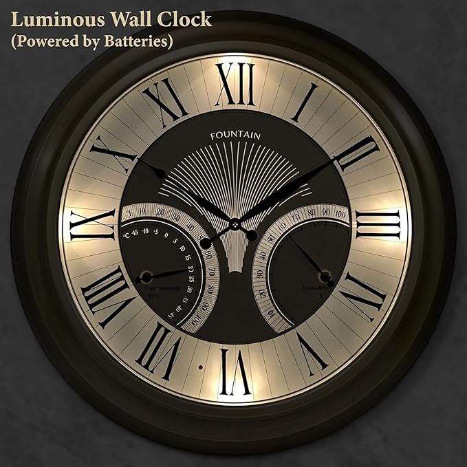 FOUNTAIN DESIGNS 24 Inch in/Outdoor Wall Clock with Temperature and Humidity Combo, Large Outdoor Clock for Patio Large Waterproof with Thermometer,Antique Hamilton Gold Metal