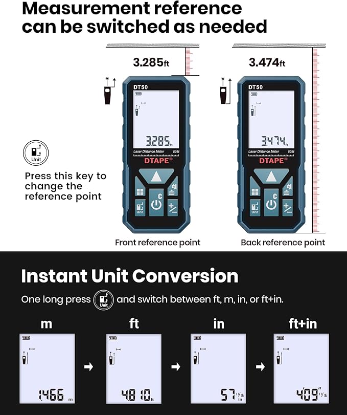 Laser Measure, DTAPE 165 Ft Digital Laser Distance Meter, Upgraded High-Accuracy Laser Measuring Tool, Electronic Tape Measure, 2" Backlit LCD Display, Area/Volume/Indirect Measurement, in/Ft/Ft+in/M