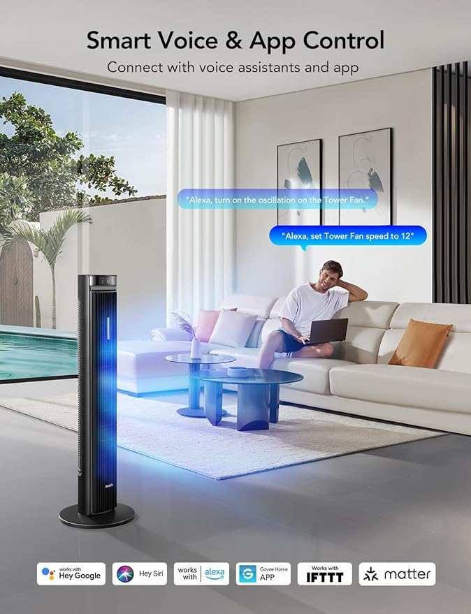 GoveeLife 42'' Tower Fan for Bedroom, Smart Floor Fans with 150° Adjustable Oscillating, APP & Voice Control, 5 Modes 12 Speeds up to 26ft/s, 24H Timer, 27dB Quiet Fan for Cooling Home Office Black