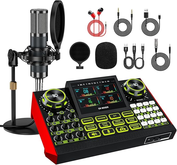 Podcast Microphone Bundle with Live Sound Card Audio Mixer, Podcast Equipment Bundle Sound Board with 3.5mm Condenser Microphone(P15) for Pc/Phone Live Streaming Singing Gaming,Voice Changer, Denoise