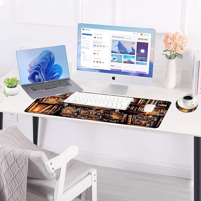 BFUKVOU Large Keyboard Mouse Pad Set, Extended Mouse Pad+Keyboard Wrist Rest Support, Memory Foam Ergonomic Easy Typing, 4Pcs (31.5×11.8 in) Desk Pad Set for Office Home,Vintage Bookshelf