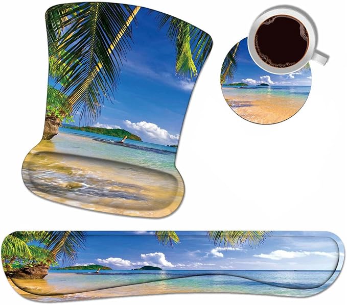 Ergonomic Mouse Pad Wrist Support and Keyboard Wrist Rest Set with Coasters, Non-Slip PU Base, Easy Typing and Relieve Wrist Pain, Perfect for Home Office Working Studying, Shore Palms Tropical Beach
