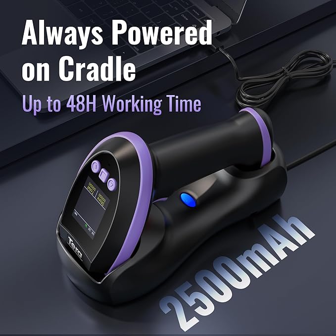 Tera Barcode Scanner Wireless with Screen: Pro Version 1D 2D QR with Setting Keypad Charging Cradle Works with Bluetooth 2.4G Wireless USB Wired Handheld Bar Code Reader HW0009 Purple
