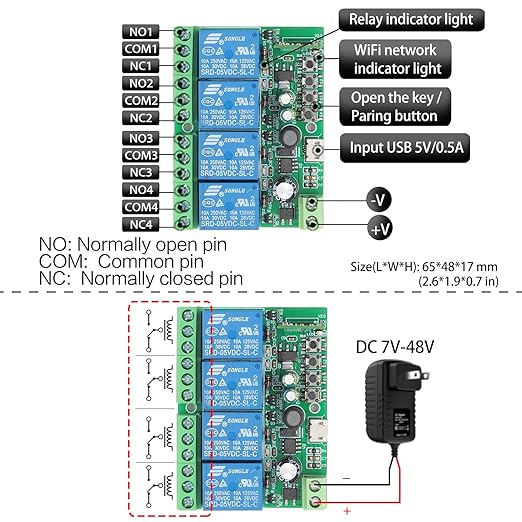 DieseRC 4 Channels WiFi Smart Switch, DC 5V 12V 24V 36V Passive Output Relay Module Ewelink APP WiFi Control Compatible with Alexa/Google Home, Inching/Self-Locking Switch