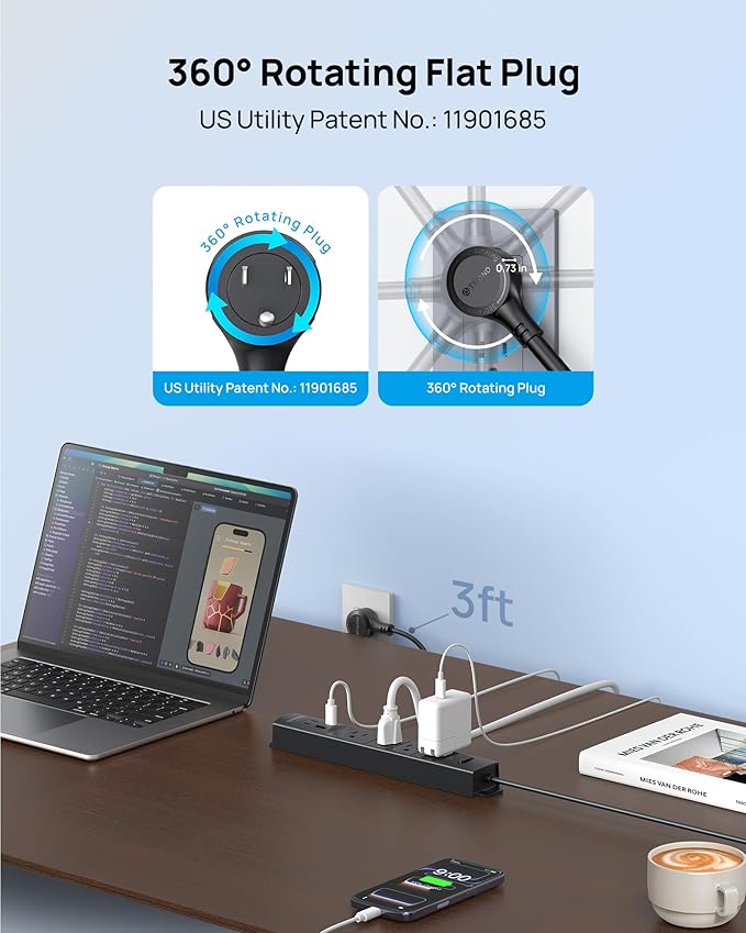 TROND 360° Rotating Plug Surge Protector, Power Strip with USB Ports, 3 USB C and 1 USB A, 1440 Joules, ETL Listed, 1625W, Wall Outlet Extender, 3ft Extension Cord for Home Office Dorm, Black