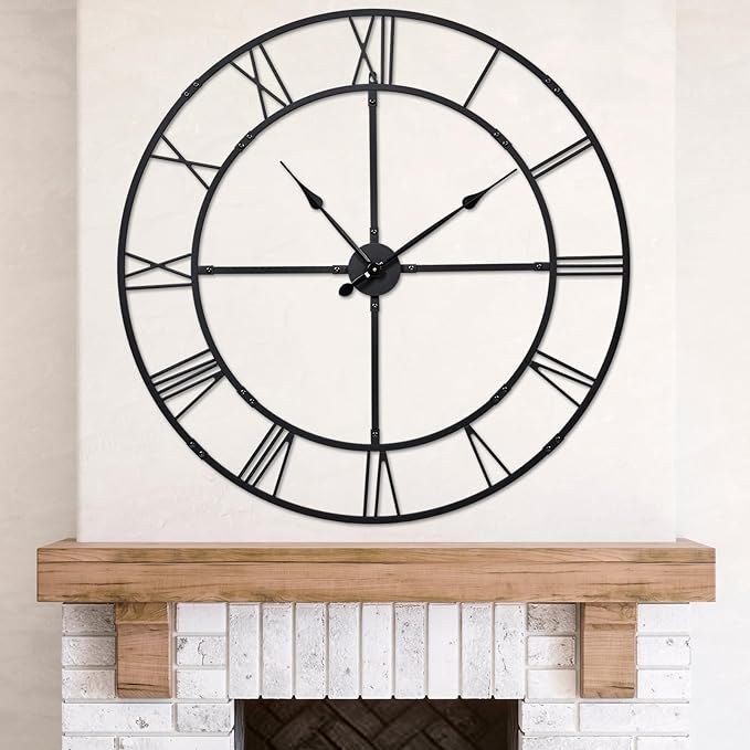 Ohweog Large Wall Clock for Living Room Decor – 32 Inch Silent Non-Ticking Modern Farmhouse Wall Clock, Oversized Decorative Metal Roman Numeral Clock, Black
