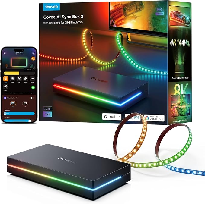 Govee HDMI 2.1 Sync Box 2, AI Sync Box with TV Backlight, Supports 8K@60Hz, 4K@144Hz, VRR and ALLM, Works with SmartThings, Matter and Alexa, RGBIC LED Light Strip for 75-85 inch TVs, 75 LEDs/m