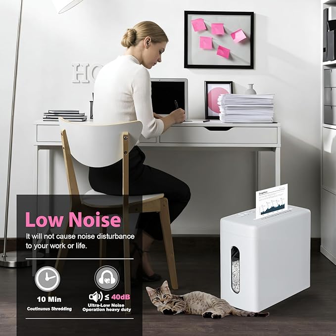 Low Noise 40dB Paper Shredder for Home, 10-Sheet Cross Cut, CD/Credit Card Shredder, 2.6 Gallons Wastebasket, P-4 High Security, White
