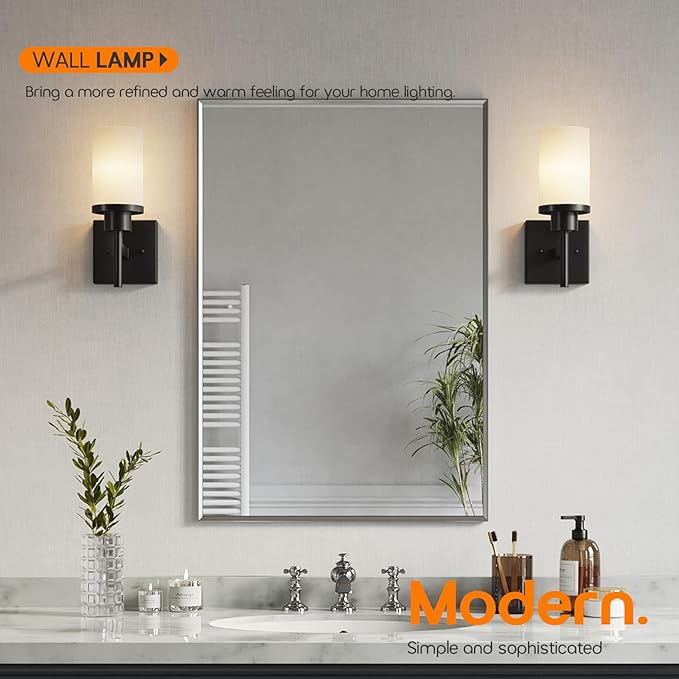 AONEON Wall Light Fixtures Matte Black Bathroom Vanity Lights Over Mirror with White Frosted Glass Shade, Wall Lamps for Porch Entrance, 2 Pack T001MB-L1-P2