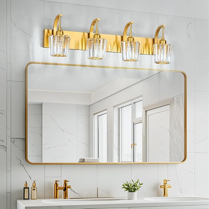 FDPBY Modern Bathroom Vanity Light, 4-Light Gold Wall Sconce with Crystal Accents, Over Mirror Bathroom Lighting Fixture, 32.67" Long Dimmable Vanity Lamp for Makeup, Easy Installation