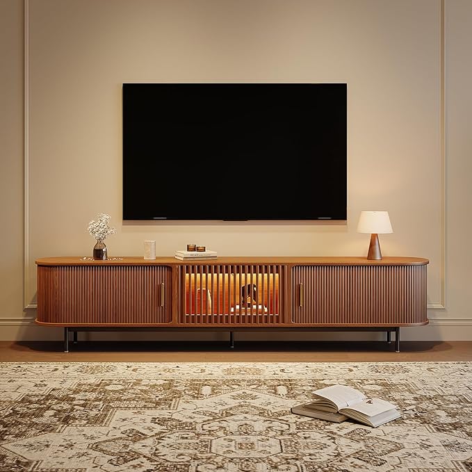 POVISON Sliding Tambour Door TV Stand with LED Lights, Mid Century Modern TV Console, Wood Media Console, Entertainment Center with Storage Cabinet, Fully-Assembled (Walnut, 94.49")