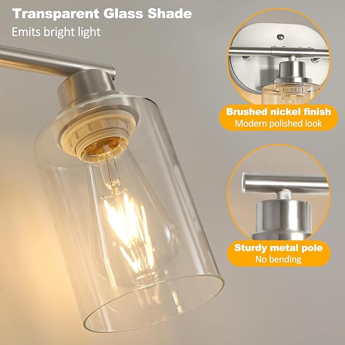 Unicozin Bathroom Light Fixtures, 5 Light Vanity Lights for Bathroom, Brushed Nickel Wall Lamp with Clear Glass for Mirror, Living Room, Hallway, Cabinet, E26 Base