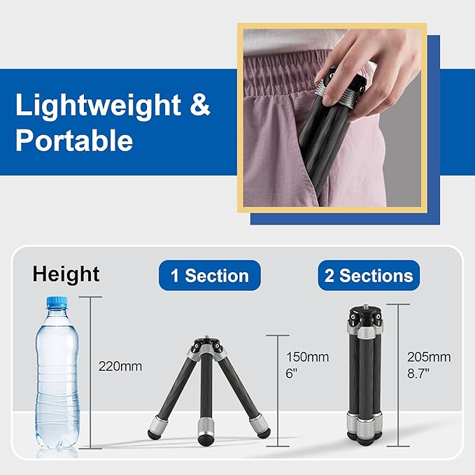 LEOFOTO Carbon Fiber Small Tabletop Travel Tripod, Weight 108g/0.23lb, Maxload 5kg/11lb, Lightweight Tripod Stand, 1/4" Inch Screw, for Camera/Phone Holder/Projector, MT-02C Long Version (MT-02CL)