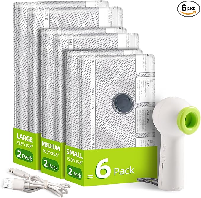 VACKFOX Travel Vacuum Storage Bags with Rechargeable USB Pump, 6 Pack Carry-On Size Compression Packing Bags for Luggage and Suitcase, Space Saver for Clothes and Clothing Travel