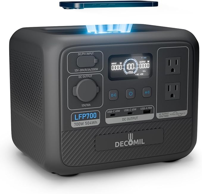 DECOMIL LFP700 Portable Power Station, 504Wh LiFePO4 Battery, 700W AC Output (1200W Peak), Wireless Charging, 80% in 50 Min, Solar Generator for Camping, Emergency, Home Backup (Solar Optional)