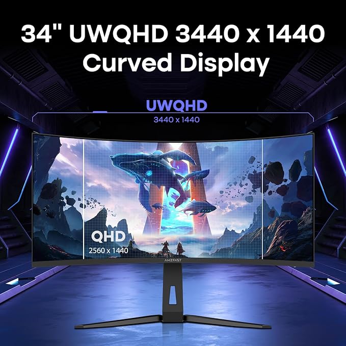 Amzfast 34 Inch 200Hz UltraWide Curved WQHD 3440x1440 Gaming Monitor, 1ms G-SYNC Compatible, 1500R, PIP/PBP, 131% sRGB, 96% DCI-P3, Height Adjustable,TÜV Rheinland, HDMI 2.1 x 2 & DP 1.4 x 1, AMZG34C8