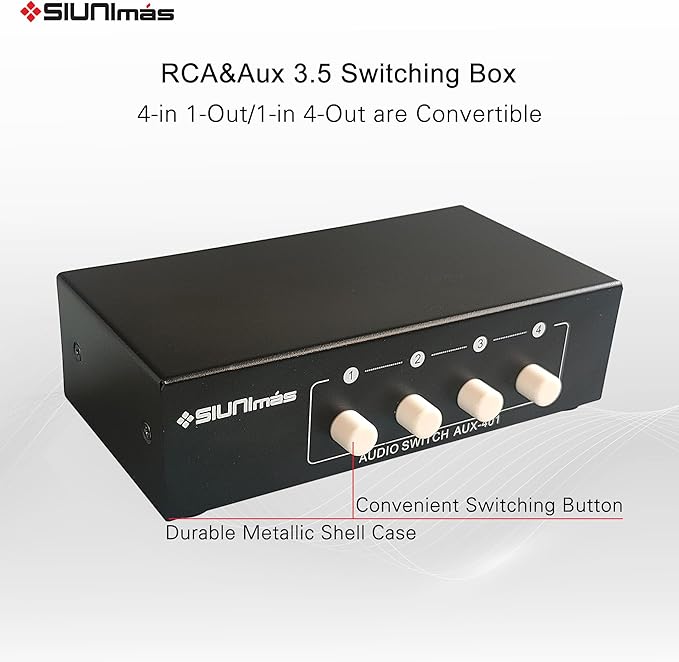 SIUNIMAS 4-in 1-Out RCA and 3.5mm Aux Audio Receiver Switching Box 4 Channels Audio Converter Passive Audio Selector Switch Box 1-in 4-Out (S401-RCA AUX)