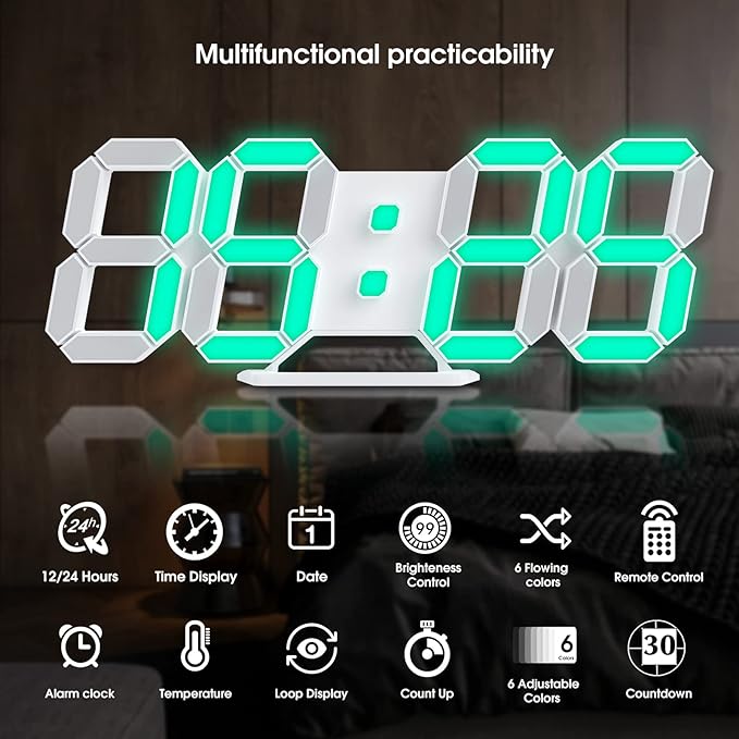 EDUP HOME 3D LED Neon Digital Desk Wall Alarm Clock RGB Night Light 7 Colors 9.7" with Remote Control for Bedroom/Living Room/Kitchen/Office, Adjustable Brightness,12/24 Hr, Time/Date/Temperature