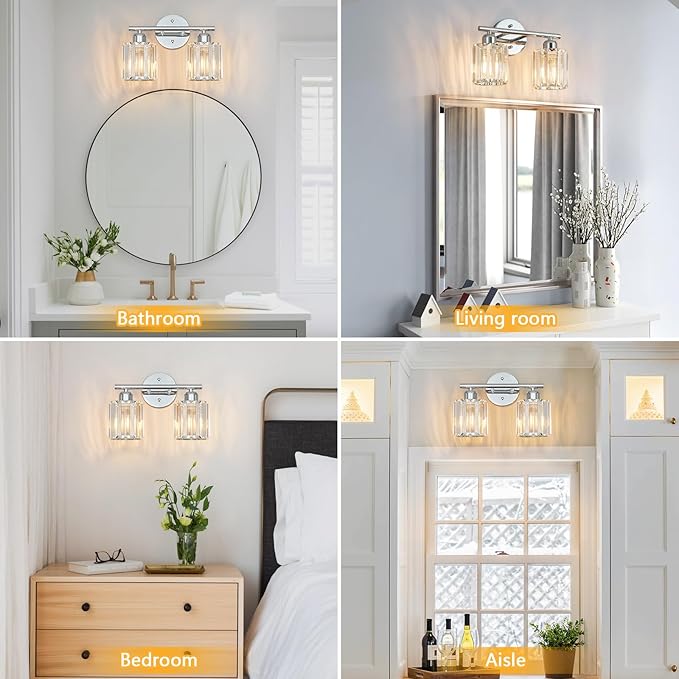 FDPBY Modern 2 Light Crystal Vanity Light, Chrome Vertical Bathroom Light Fixture Over Mirror for Dressing Table Sink, Compatible with Dimmable Bulbs (Bulbs Not Included)