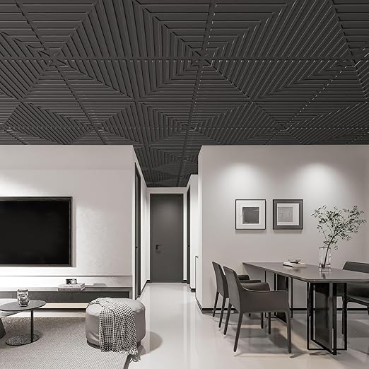 Art3d 12-Pack Drop Ceiling Tiles 2x2 FT, PVC 3D Textured Panels for Interior Wall Decor Living Room Bedroom Office, 24x24 Inch, Black